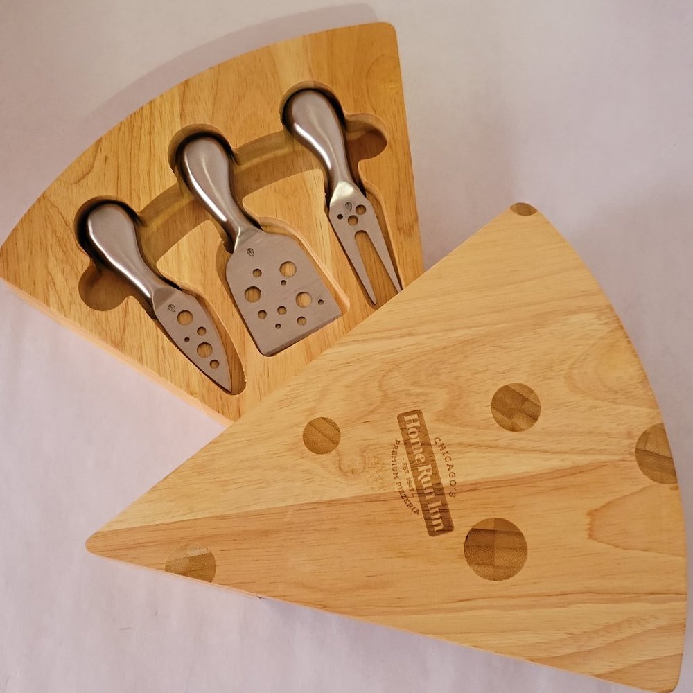 Home Run Inn Pizza Slice Cheese Board Set Bamboo Charcuterie Tray with Cutlery
